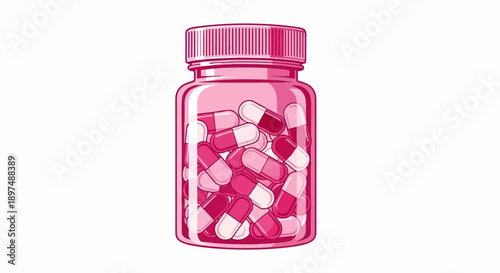 A pink bottle filled with red and white capsules