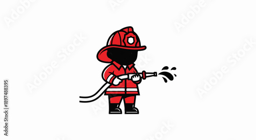 Cartoon firefighter in red uniform sprays water from hose