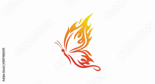 A stylized butterfly with wings resembling flames, rendered in vibrant orange and yellow