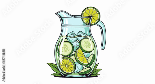 Refreshing pitcher of water infused with cucumber and lemon slices, garnished with leaves