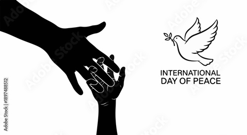 A large silhouette hand reaches down to a smaller silhouette hand, with a dove and text