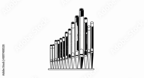 A black and white illustration of a pipe organ with varying lengths and widths of pipes