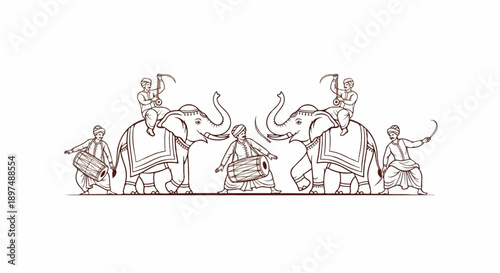 Elephants and musicians in procession, with players on elephants and on foot, some carrying instruments and swords