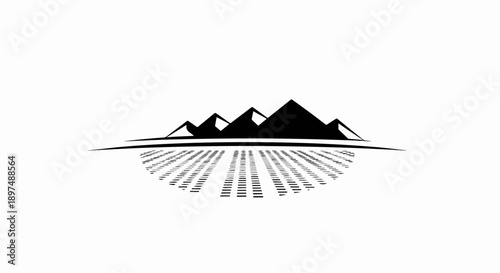 Stylized graphic of sharp mountain peaks above a patterned, reflective surface