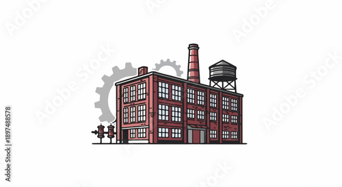 Illustration of a brick factory with smokestack, water tower, and gears