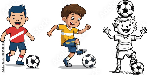 Three cartoon boys playing soccer in different styles