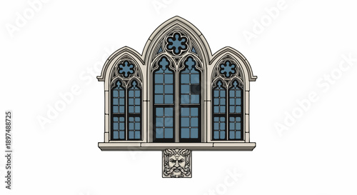 Ornate Gothic window with carved architectural detail below