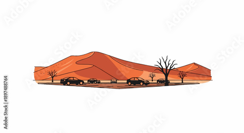 Cars drive through a desert landscape with sand dunes and sparse trees