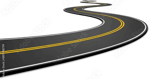 A winding asphalt road with yellow and white lines curves into the distance