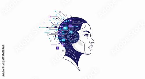 AI female profile with digital circuits and glowing nodes