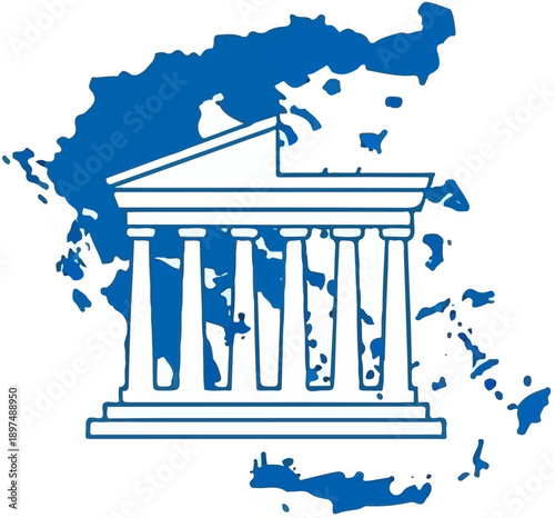 Blue outline of Greece superimposed with a neoclassical building facade