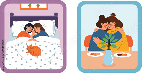 Romantic Couple Illustration Set Showing Partners Cuddling in Bed and Hugging at Dinner Table Representing Love, Comfort, and Intimate Home Moments