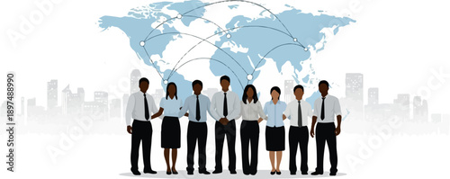Diverse group of professionals united against a stylized global map and city skyline