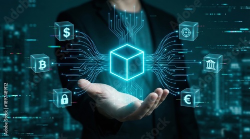 Blockchain technology concept showcasing decentralized network with financial icons and digital circuits against city background