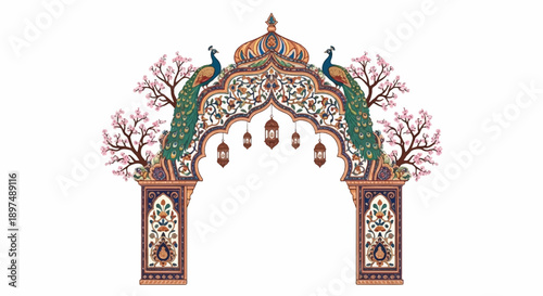 Intricate archway with peacocks, lanterns, and floral designs, evoking a sense of ornate tradition