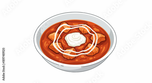 A bowl of hearty stew with chunks of meat and a swirl of cream on top