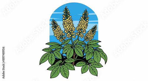 Yellow flowers bloom vibrantly on green stems with large leaves against a blue sky