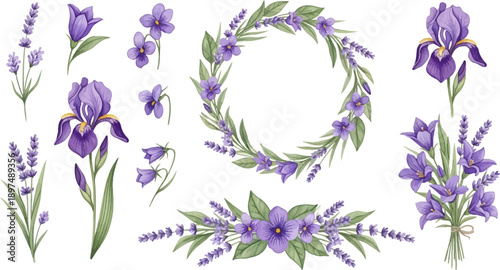 Watercolor floral arrangements featuring purple irises, lavender, violets, and bellflowers