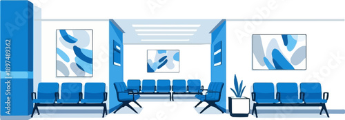 Modern waiting room with blue chairs, abstract art, and a plant