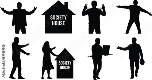 Society House silhouettes, black community interaction poses, organizational teamwork illustration, social structure concept, collaborative people and house design
