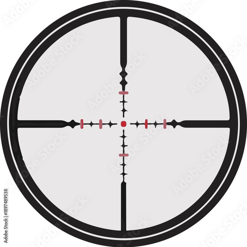 A crosshair reticle with a central red dot and horizontal/vertical markings