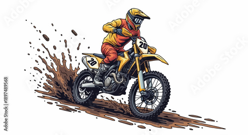 A stylized illustration of a dirt bike rider in yellow and orange gear, splashing through mud