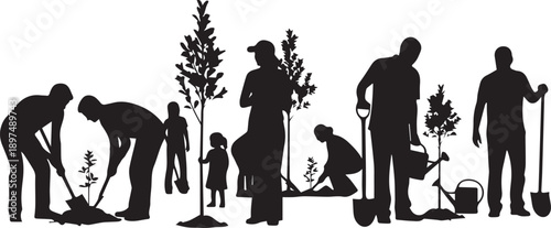 People planting trees vector silhouette illustration line art group of individuals gardening and caring for nature