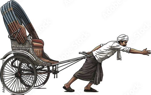 Traditional hand-pulled rickshaw silhouette, black cultural transport illustration, urban labor concept, historical Asian vehicle, vintage street mobility art