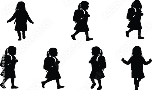 Schoolgirl silhouette walking poses, black backpack illustration, child movement art, student journey concept, educational safety design, youth motion