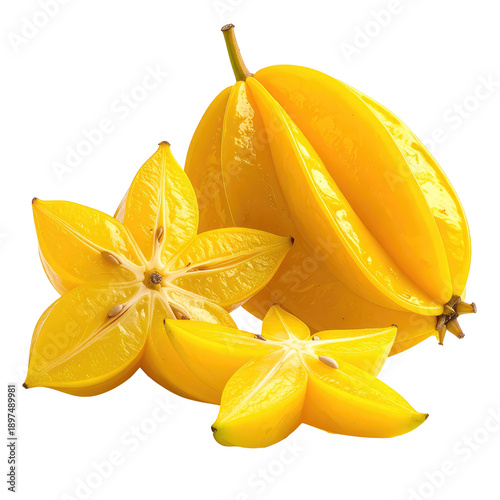 Star-shaped fruit with yellow skin, cut and whole, against a black background