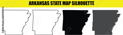 Arkansas state map silhouette collection with outline solid black fill and halftone dot patterns for creative marketing