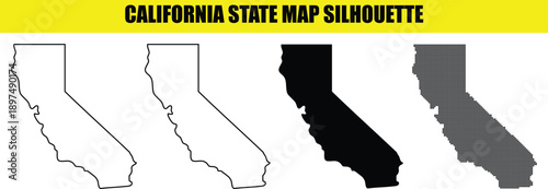 California state map silhouette detailed outline solid black pixel art white clean vector illustration graphic design element