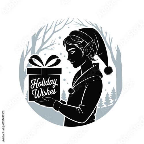 A festive illustration of a person holding a gift box with holiday wishes written on it. isolated on white background, Vector, illustration