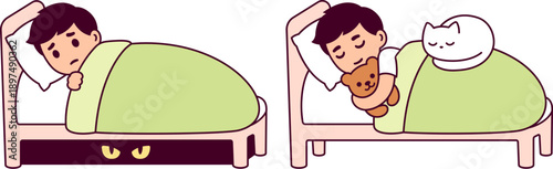 Little boy can't sleep scared of monster under his bed, and sleeping safely with teddy bear and cat. Cute cartoon vector illustration.