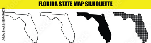 Florida state map silhouette set including outline solid black and halftone dot patterns for creative geographic design