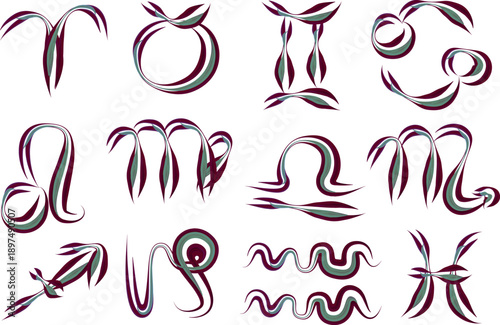 dark red green colorful creative hand drawn astrology symbols