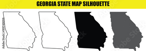 Georgia state map silhouette variants featuring outline solid black and digital halftone dot patterns for graphic artwork