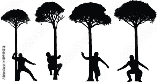 Tree interaction silhouette illustration set, human nature poses, black vector design, artistic outdoor motion, forest figure icon pack