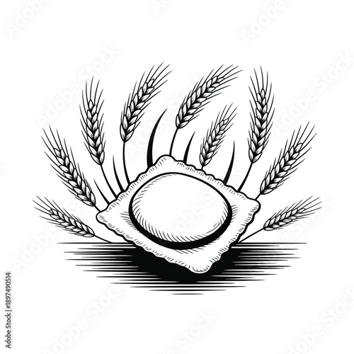 A stylized illustration of a loaf of bread surrounded by wheat stalks isolated on white background, Vector, illustration