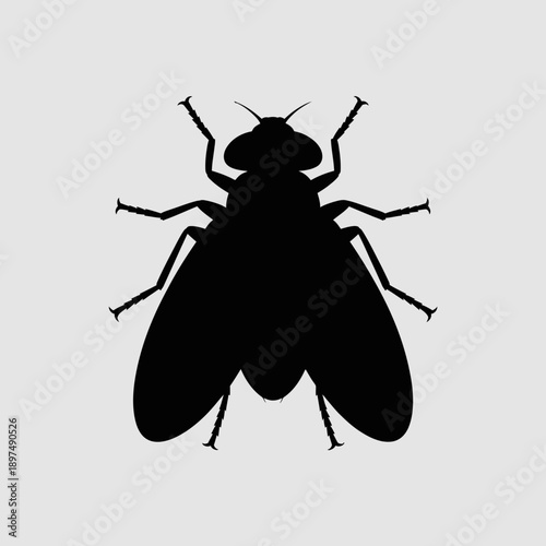 Side profile silhouette of a fly with its wings spread, set against a neutral grey background, a common insect symbol