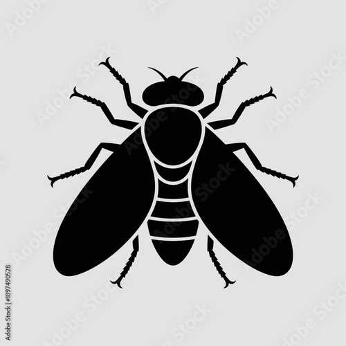 Stylized black silhouette of a fly with striped abdomen and wings, viewed from above on a grey background, representing a common pest
