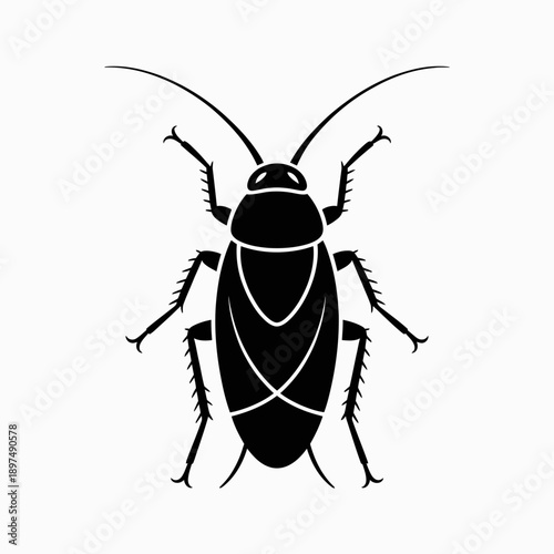 Top-down view black silhouette of a cockroach with detailed legs and antennae, isolated on a white background. Vector illustration for pest control or nature.
