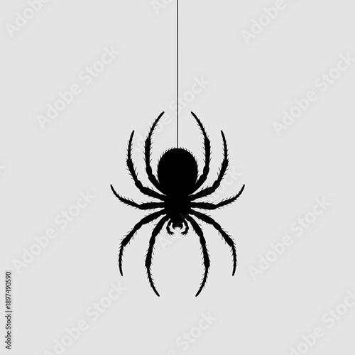 A solitary black spider silhouette suspended from a thin thread against a light grey background. Minimalist vector graphic representing danger or solitude.