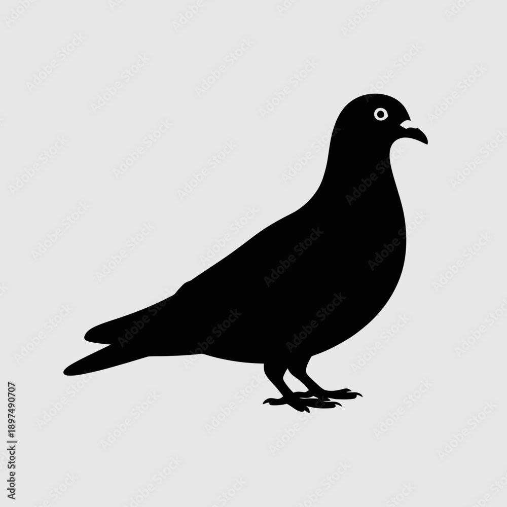 Fototapeta premium Black silhouette of a pigeon standing, isolated on a light gray background, simple and recognizable bird.