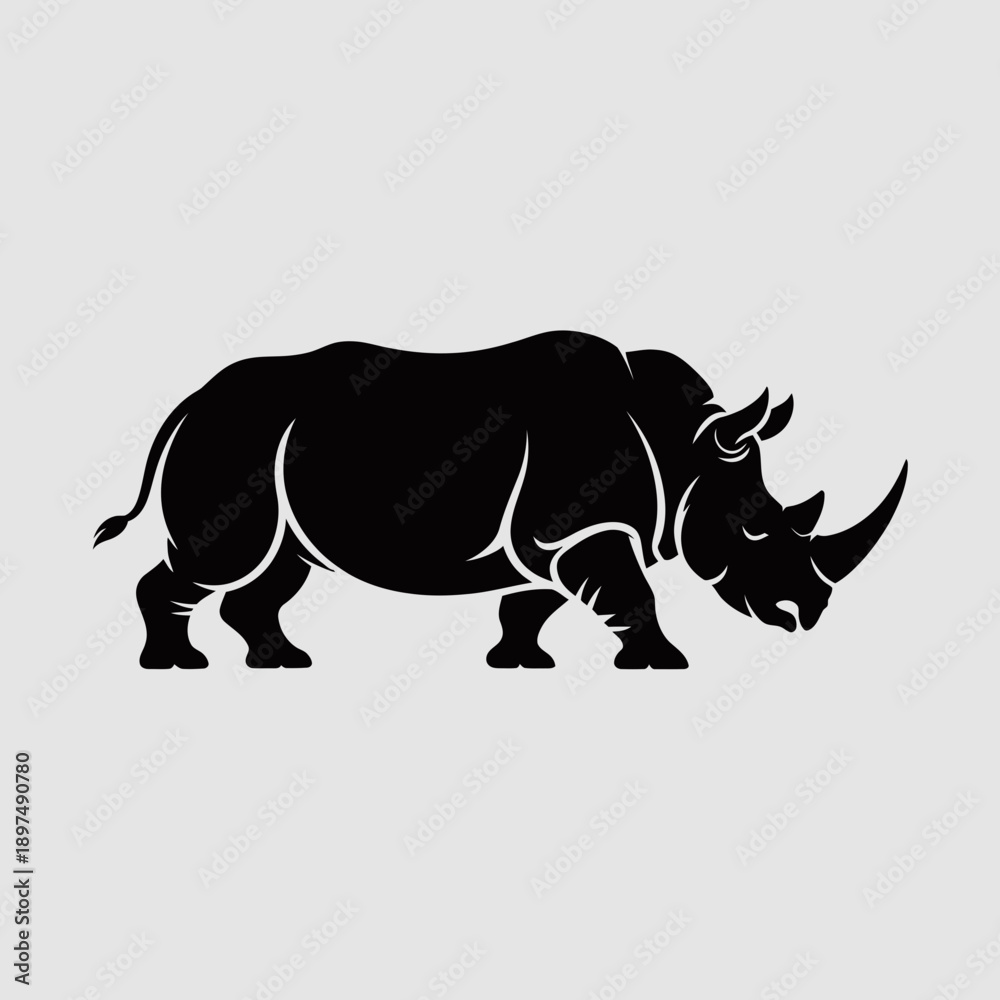 Fototapeta premium Rhino silhouette with horn, powerful wild animal, vector illustration