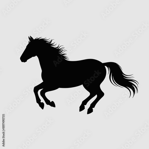 Black silhouette of a galloping horse with a flowing mane and tail against a light gray background, dynamic and powerful.