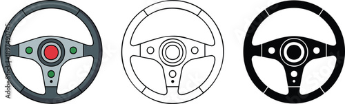 Steering wheel silhouette & Outline and illustration set isolated on transparent background