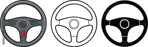 Steering wheel silhouette & Outline and illustration set isolated on transparent background