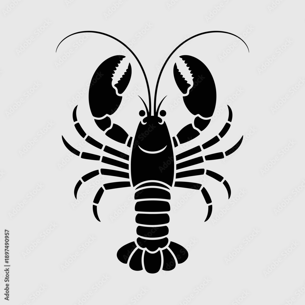 Obraz premium Black Silhouette of a Lobster on a Gray Background, Simple and Clean Icon for Seafood and Marine Life Concepts