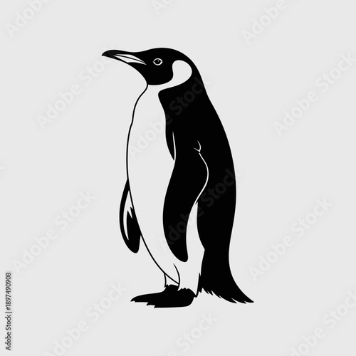 Black and white silhouette of an Emperor penguin standing upright on a gray background